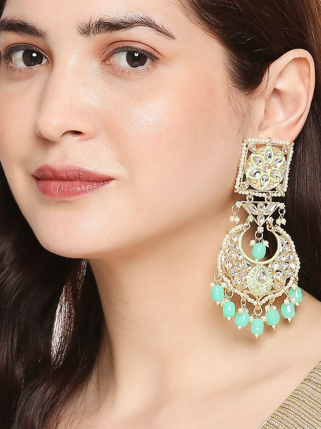 

OOMPH Green & Gold-Toned Floral Drop Earrings