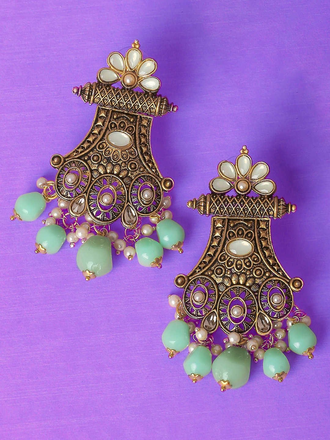 

OOMPH Gold-Plated Gold-Toned Green Kundan Contemporary Drop Earrings