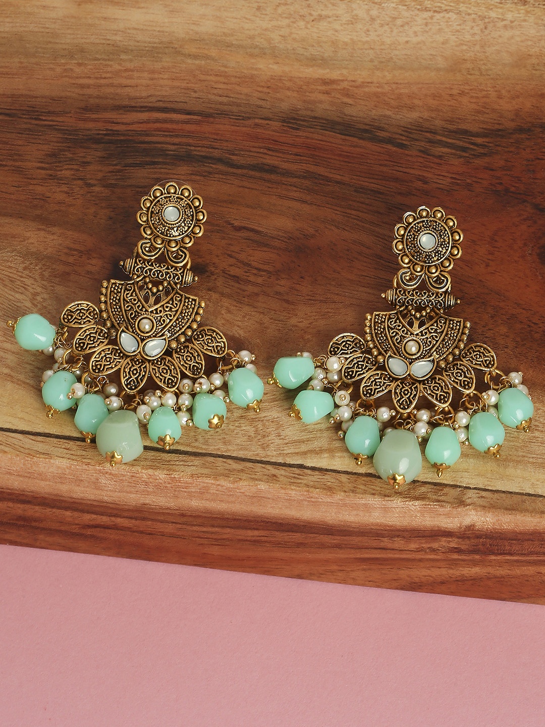 

OOMPH Gold-Plated Gold-Toned Green Kundan Contemporary Drop Earrings