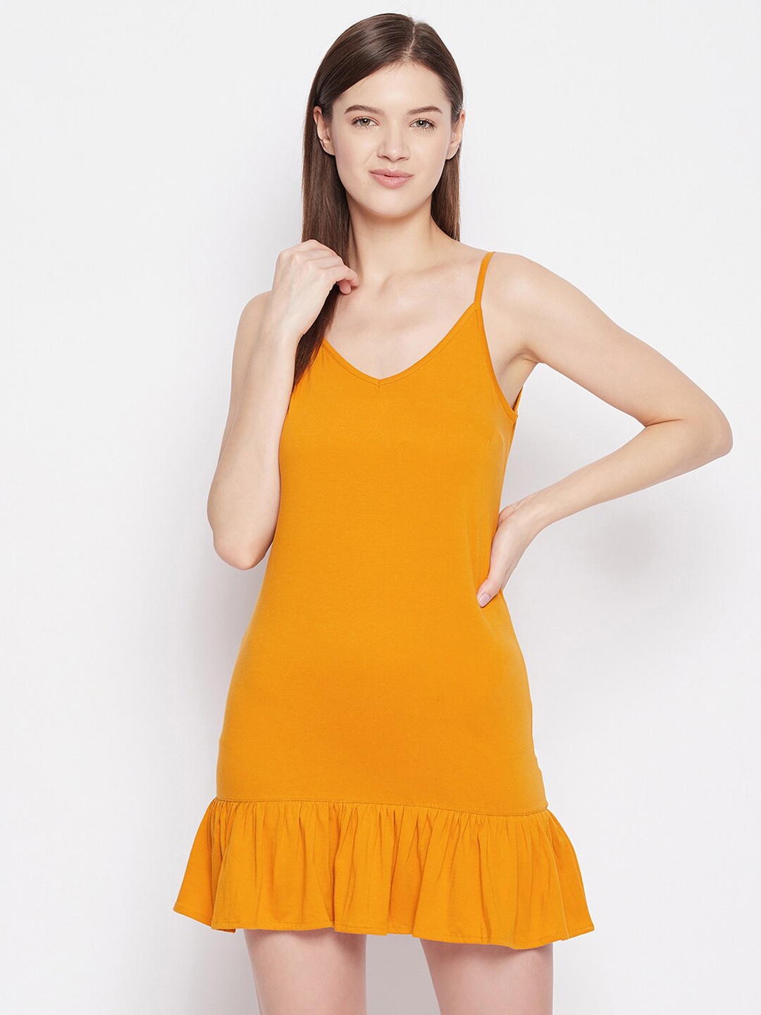 

Hypernation Women Solid Yellow Cotton Knitted Nightdress