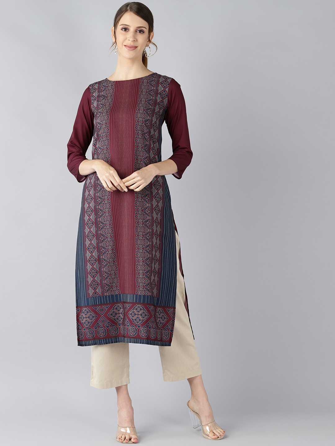 

AHIKA Women Maroon & Blue Ethnic Motifs Printed Regular Kurta