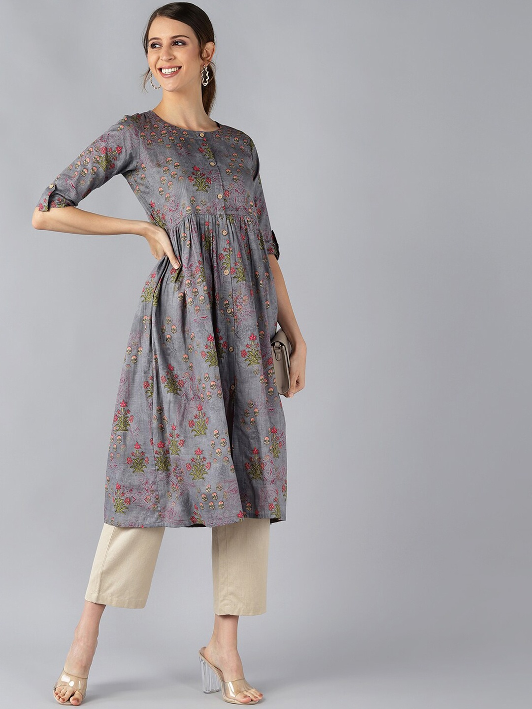 

AHIKA Women Grey & Red Floral Printed Thread Work A-Line Empire Kurta