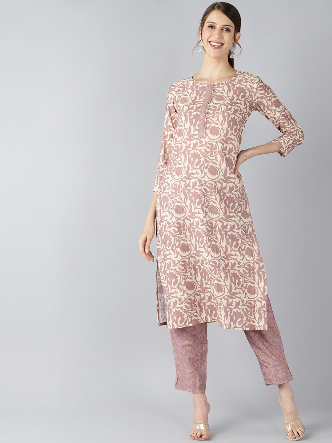 

AHIKA Women Beige Floral Striped Regular Kurta with Trousers