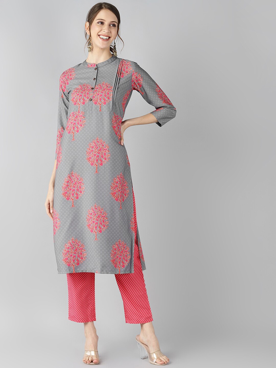 

AHIKA Women Grey Ethnic Motifs Printed Regular Kurta with Trousers