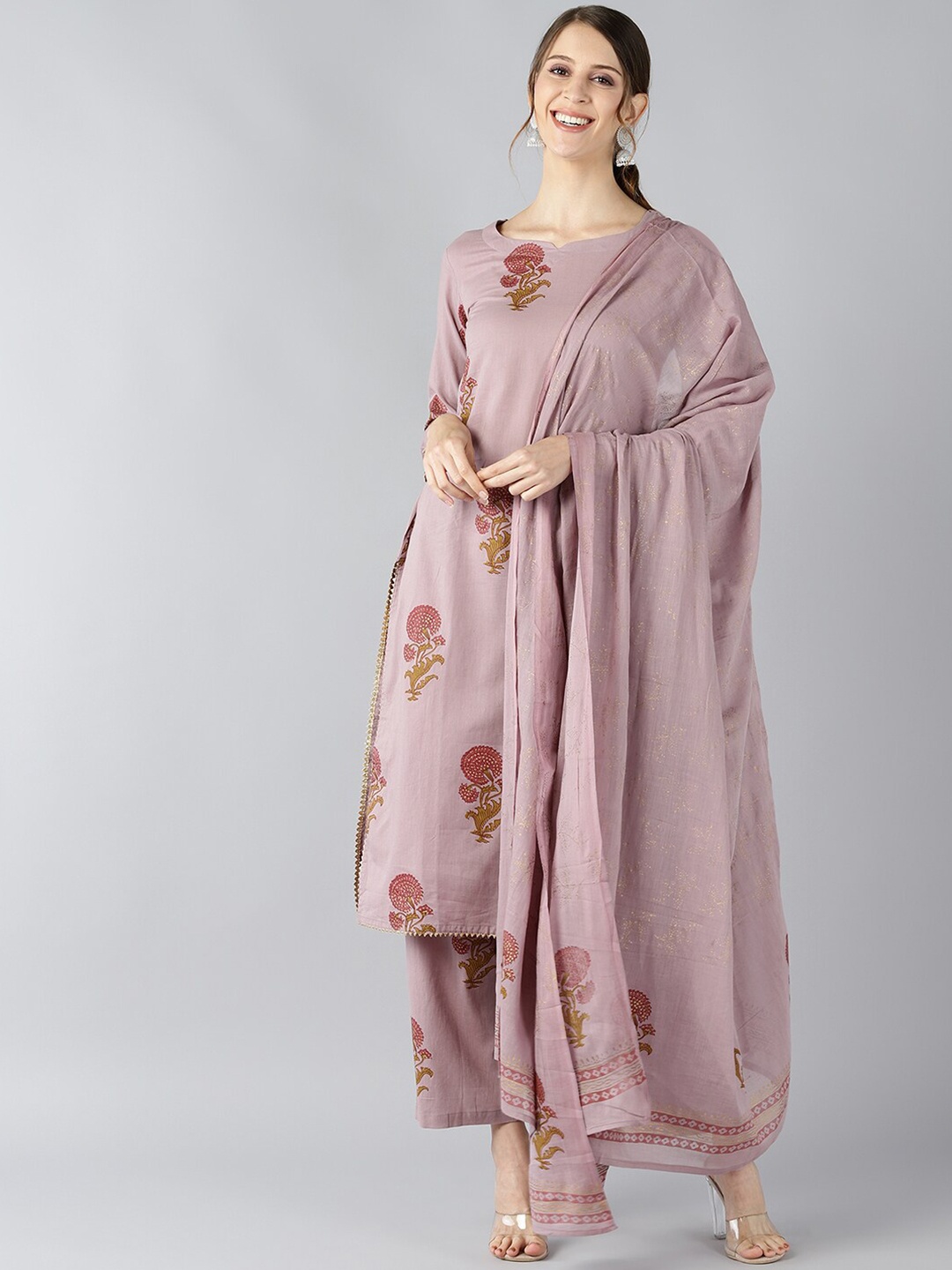 

AHIKA Women Mauve Floral Embroidered Regular Pure Cotton Kurta with Trousers & With Dupatta