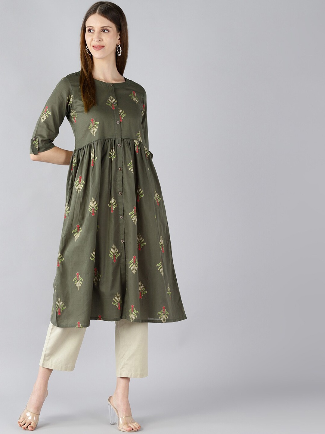 

AHIKA Women Olive Green Floral Keyhole Neck Thread Work Kurta
