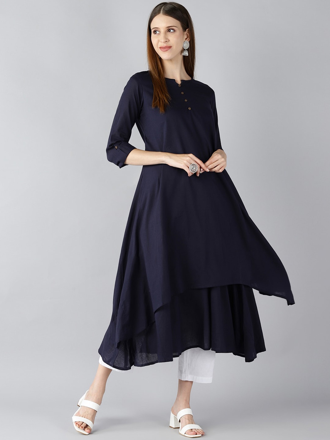 

AHIKA Women Navy Blue Solid Flared Cotton Kurta