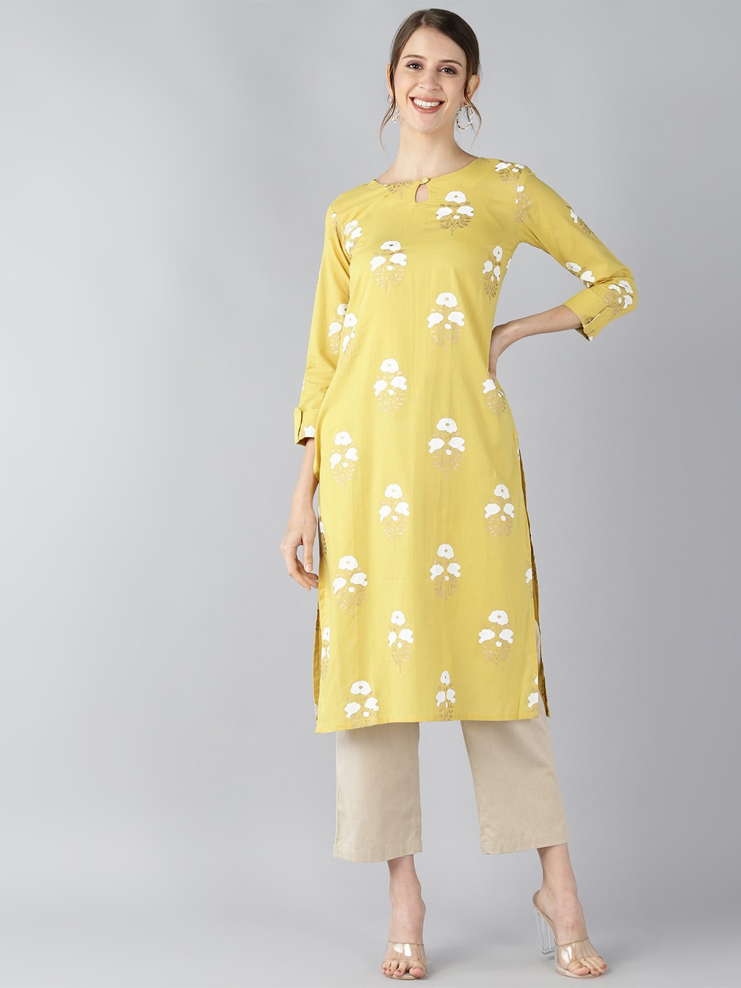 

AHIKA Women Yellow Printed Cotton Kurta