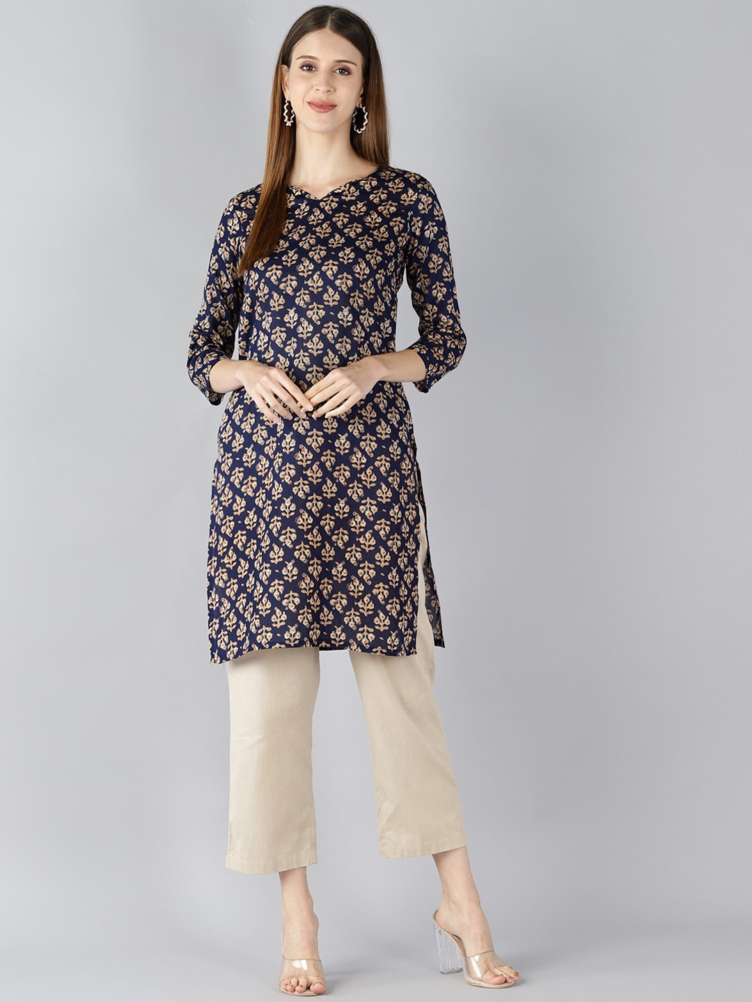 

AHIKA Women Navy Blue Ethnic Motifs Printed Cotton Kurta