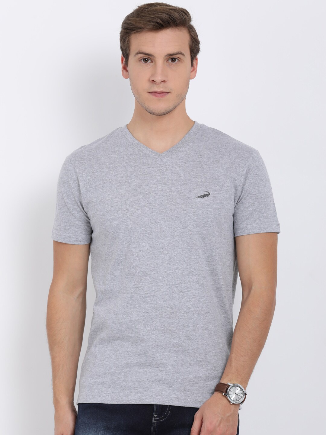 

Crocodile Men Grey Solid V-Neck T-shirt