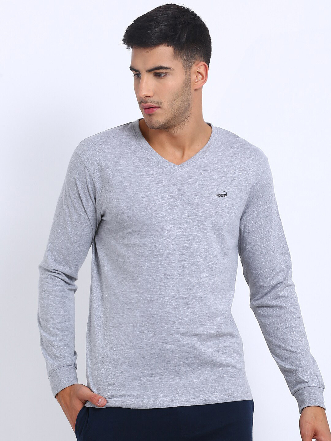 

Crocodile Men Grey Solid V-Neck T-shirt
