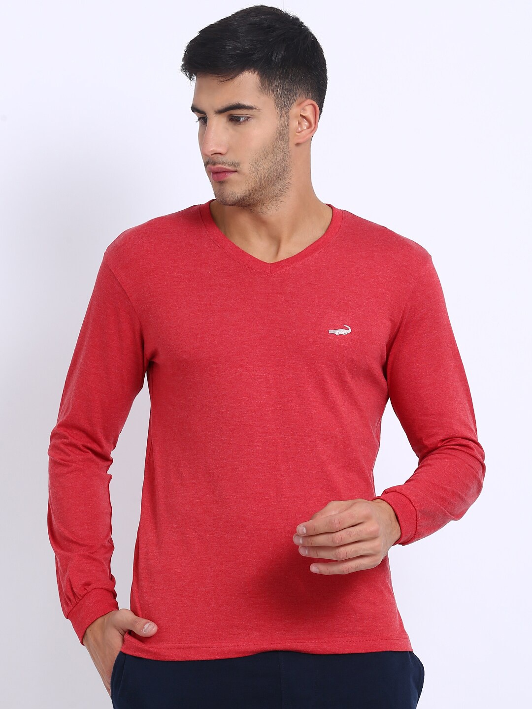 

Crocodile Men Red Solid V-Neck T-shirt