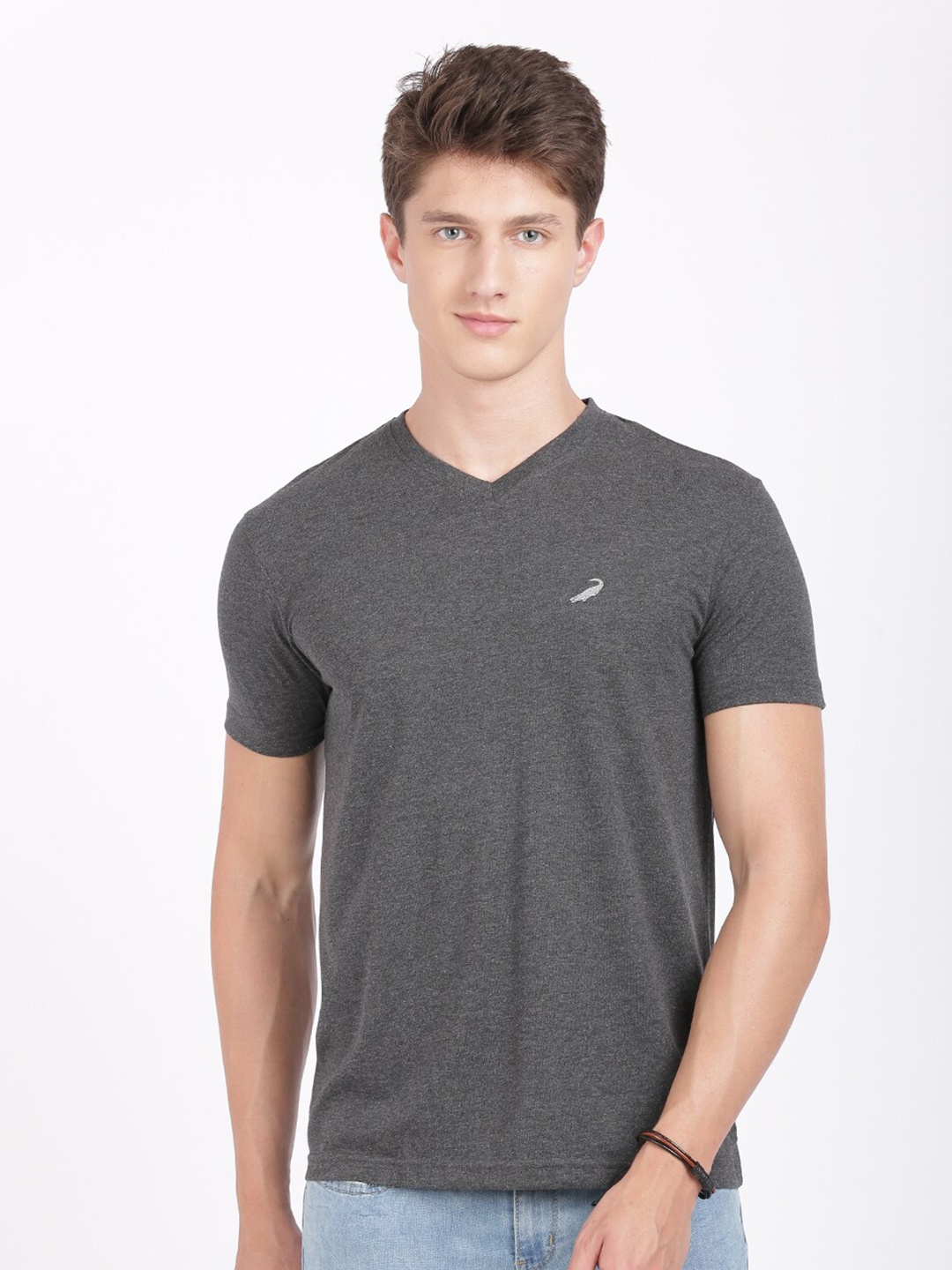 

Crocodile Men Grey Solid V-Neck T-shirt