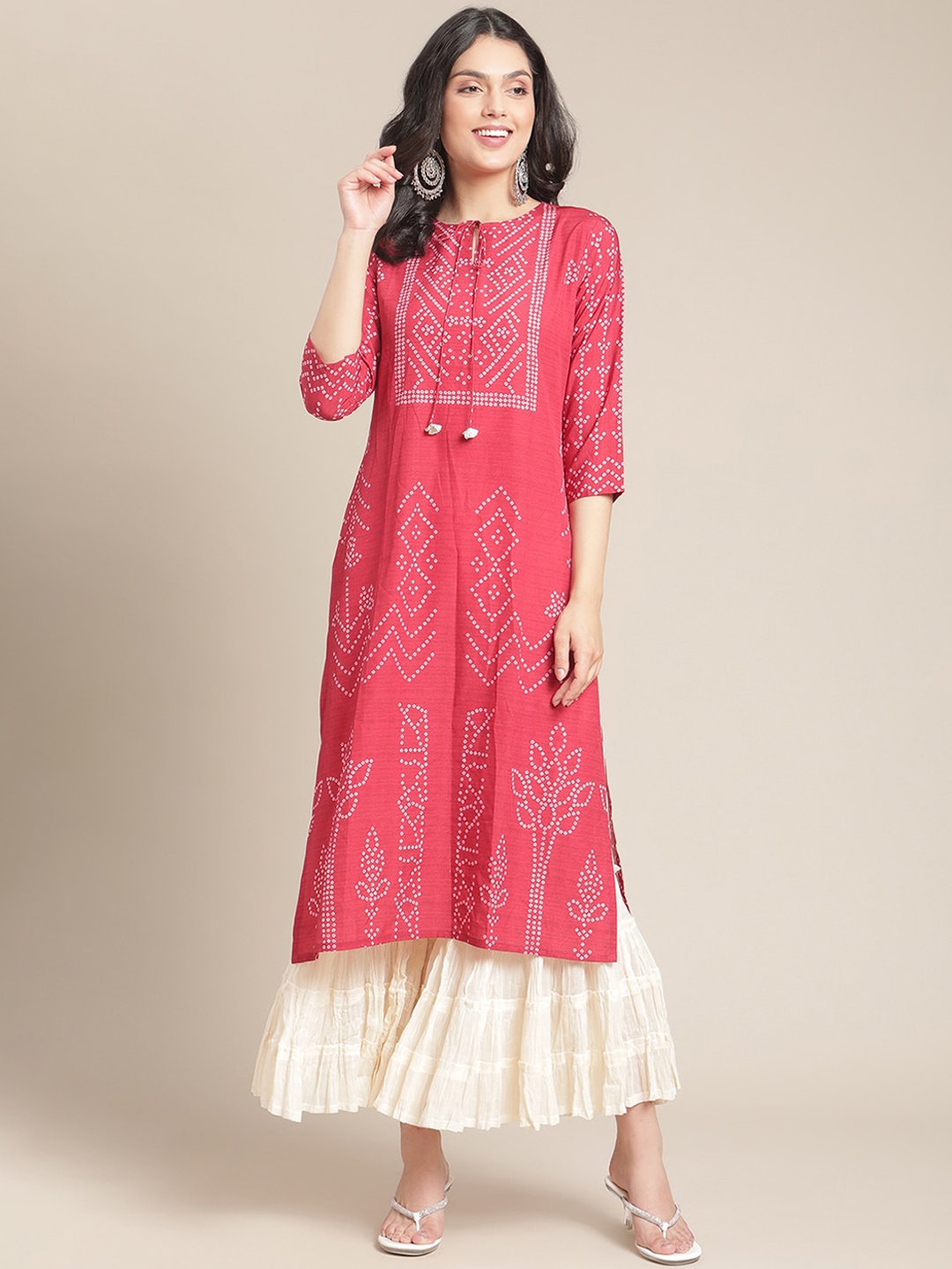 

Varanga Women Red & White Bandhani Printed Kurta