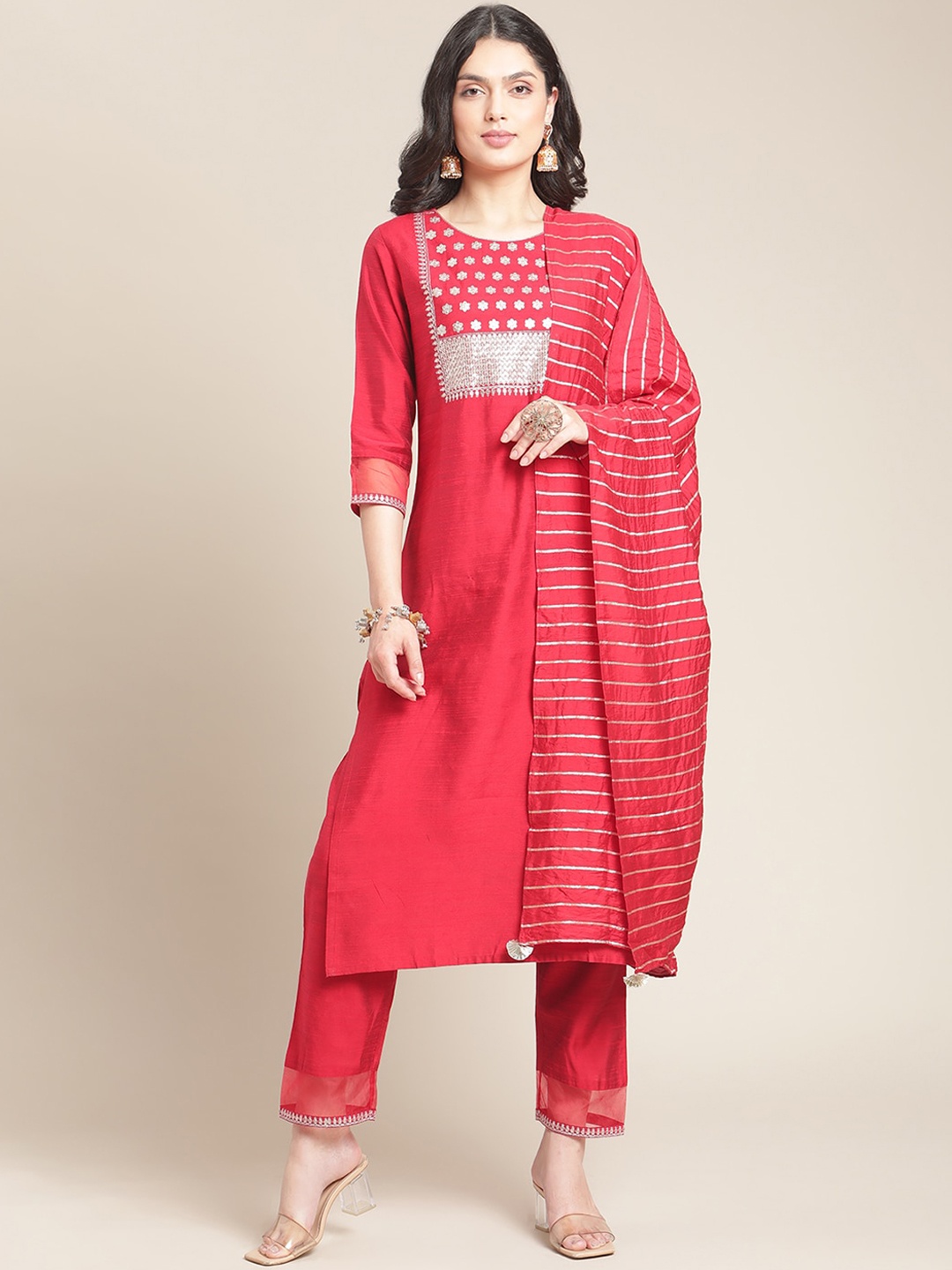

Varanga Women Red Yoke Design Panelled Kurta with Trousers & With Dupatta