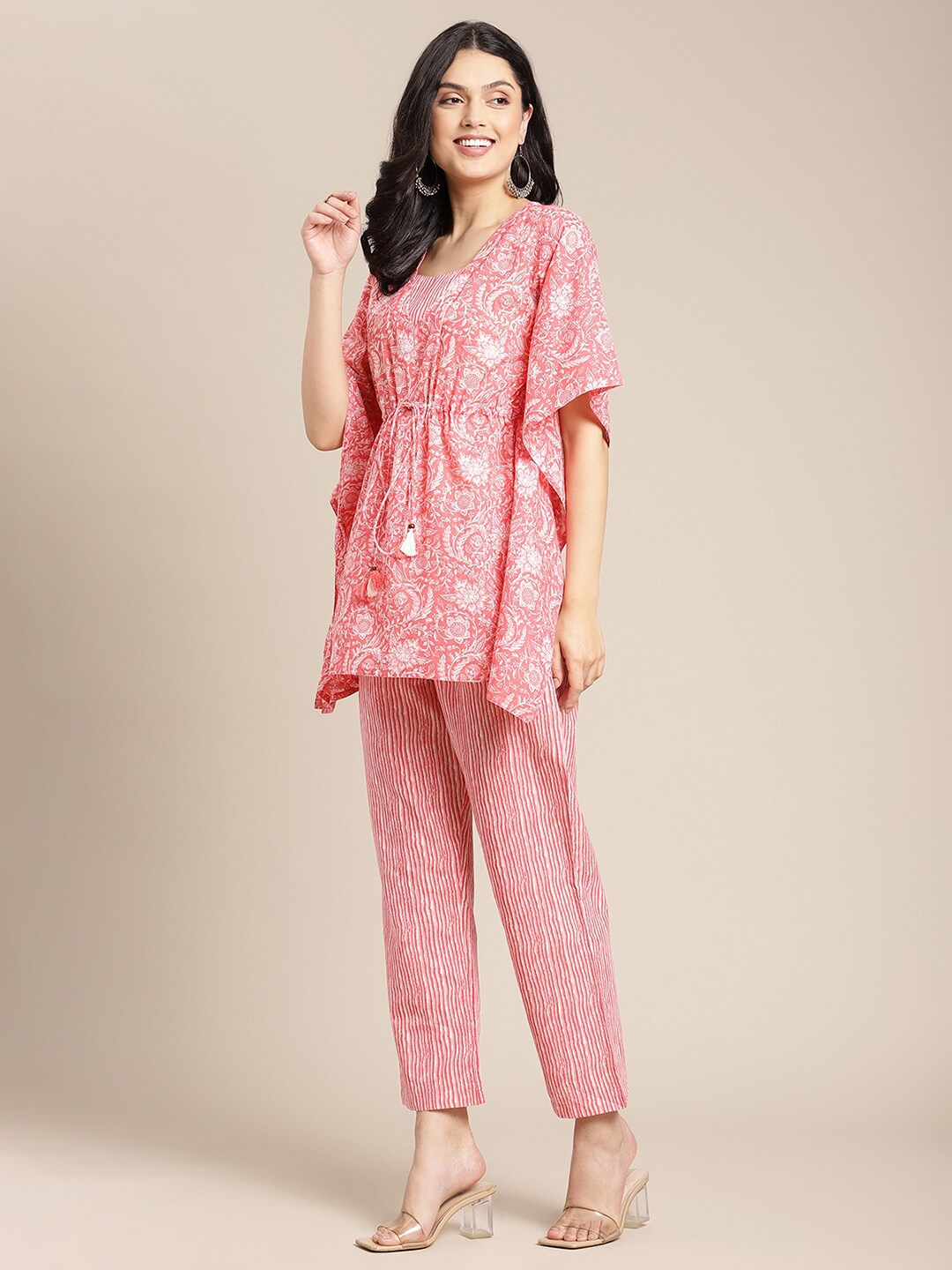 

Varanga Women Peach-Coloured & White Printed Pure Cotton Kaftan With Trousers