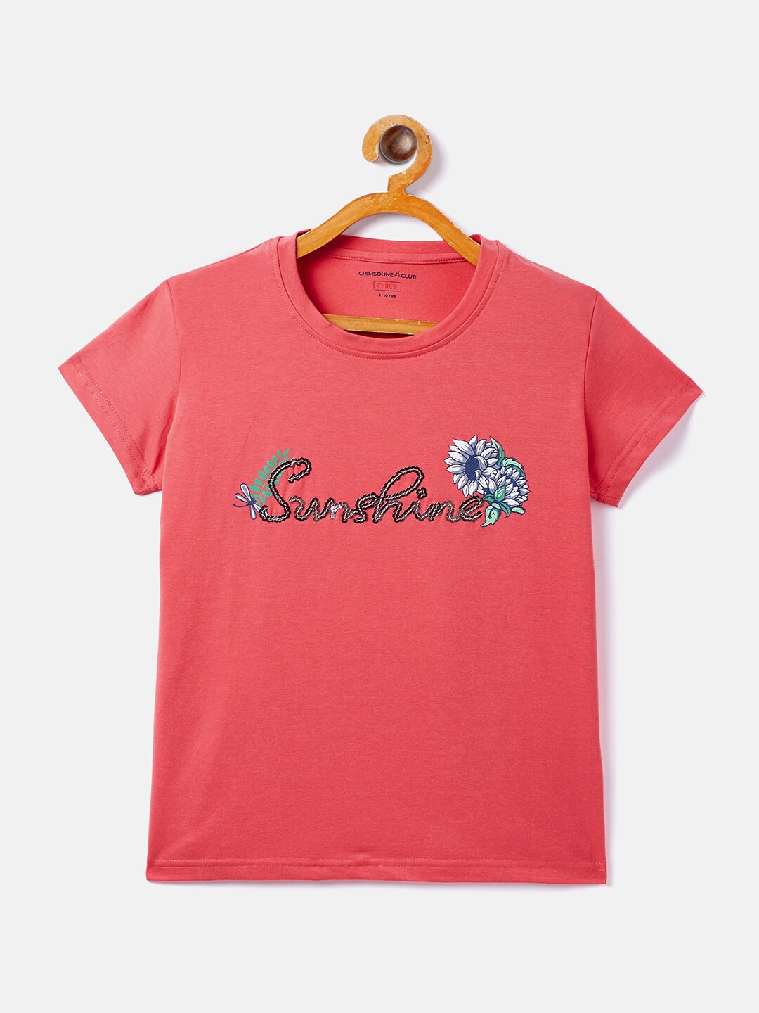 

Crimsoune Club Girls Pink & Black Typography Printed T-shirt