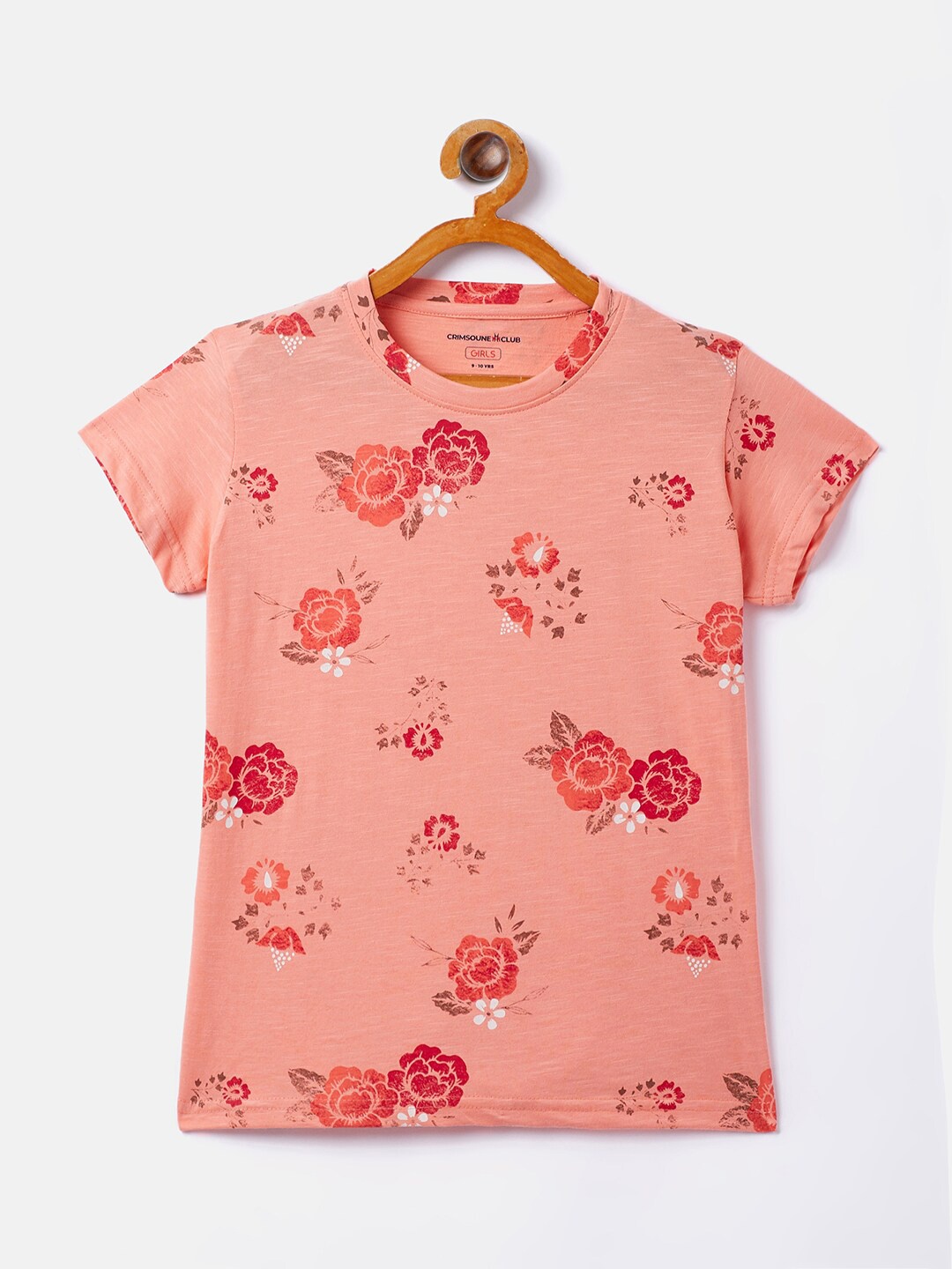 

Crimsoune Club Girls Peach-Coloured Floral Printed T-shirt