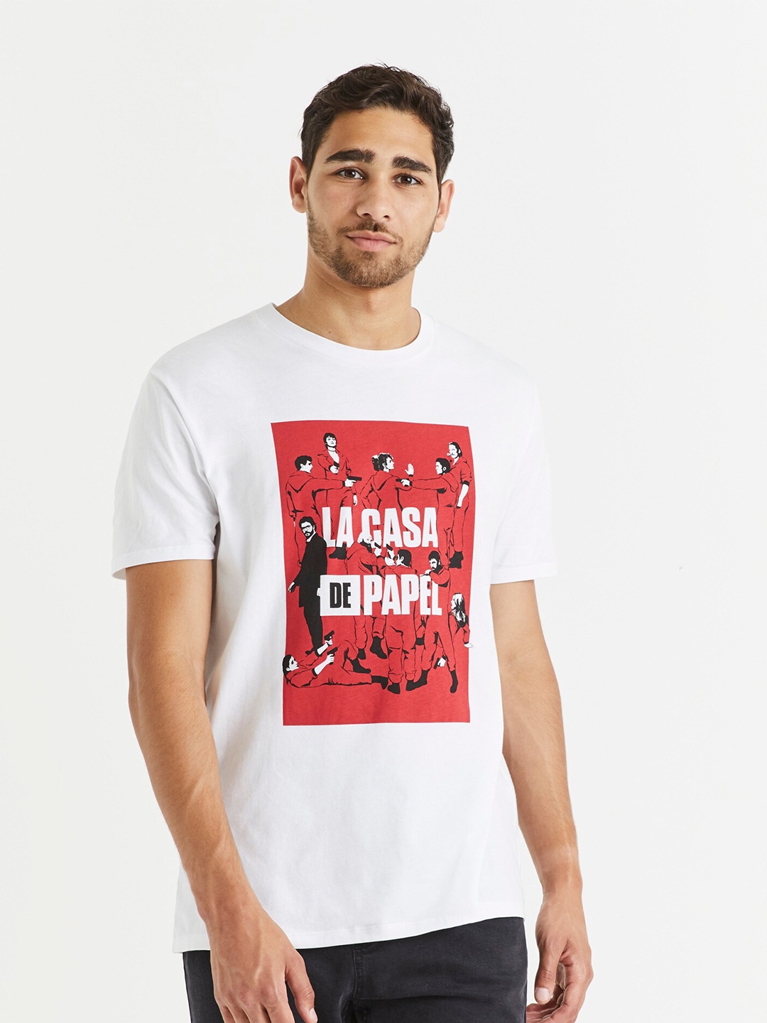 

Celio Men White Money Heist Printed Pure Cotton T-shirt
