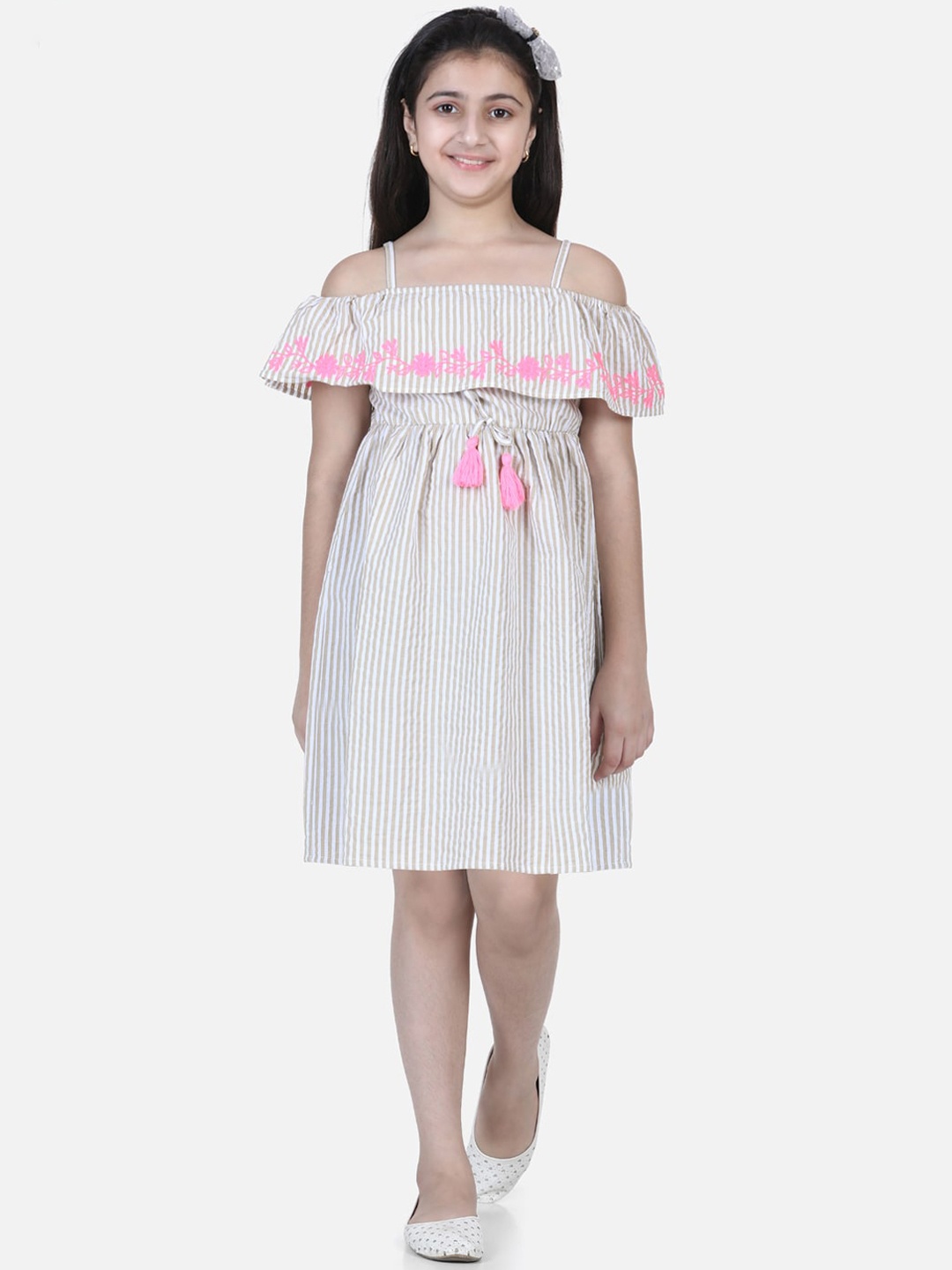 

StyleStone Girls Beige & Pink Embroidered Striped Off-Shoulder Dress