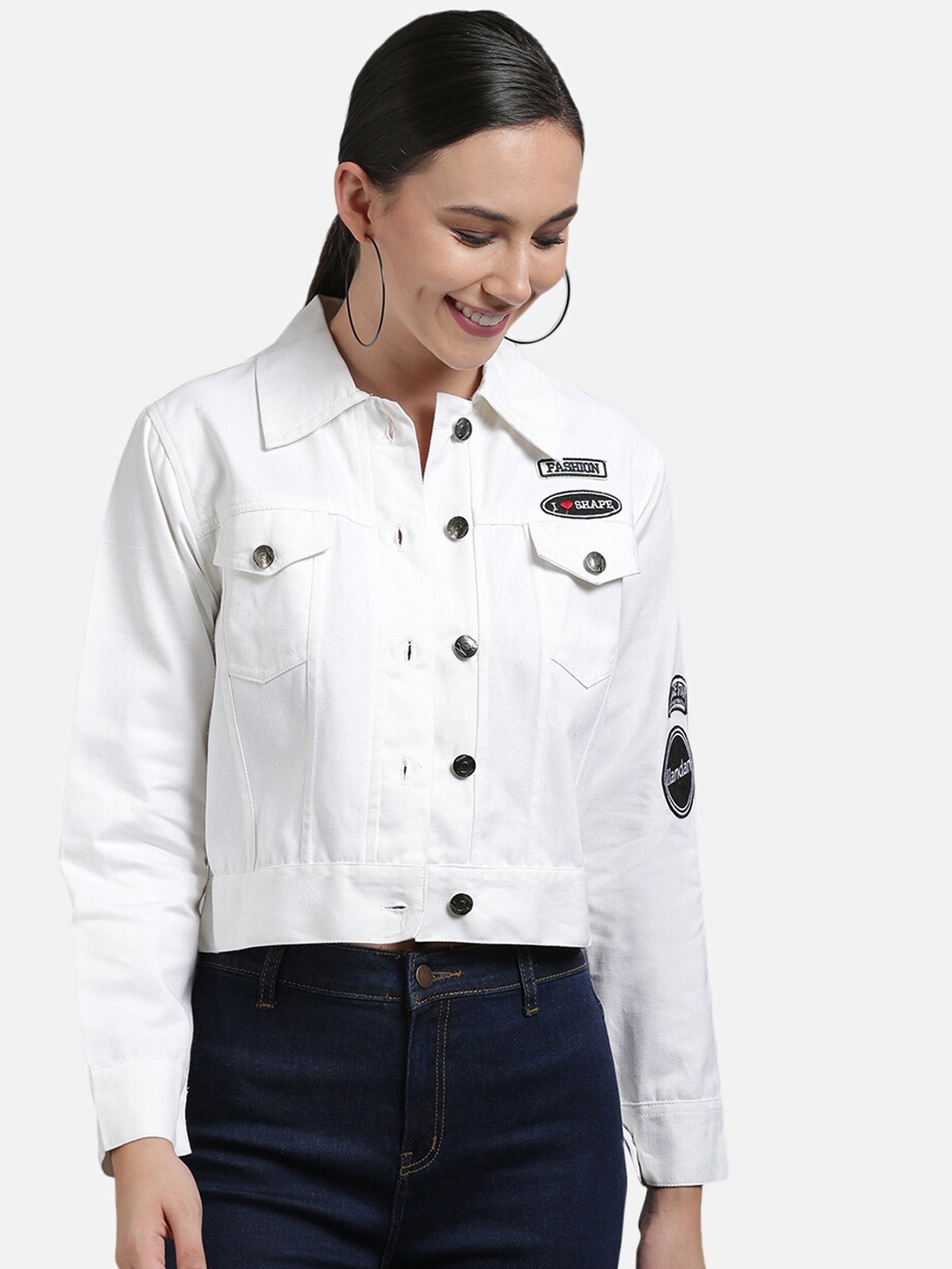 

FurryFlair Women White Black Crop Denim Jacket with Patchwork