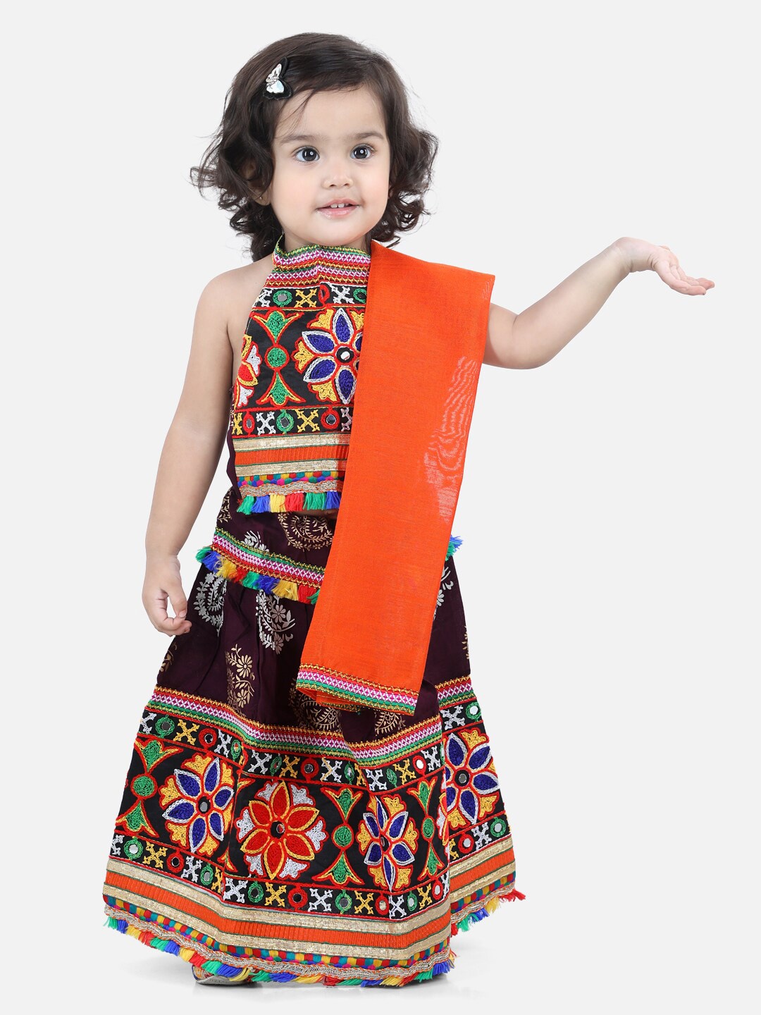 

BownBee Girls Black & Orange Embroidered Mirror Work Ready to Wear Lehenga & Blouse With Dupatta