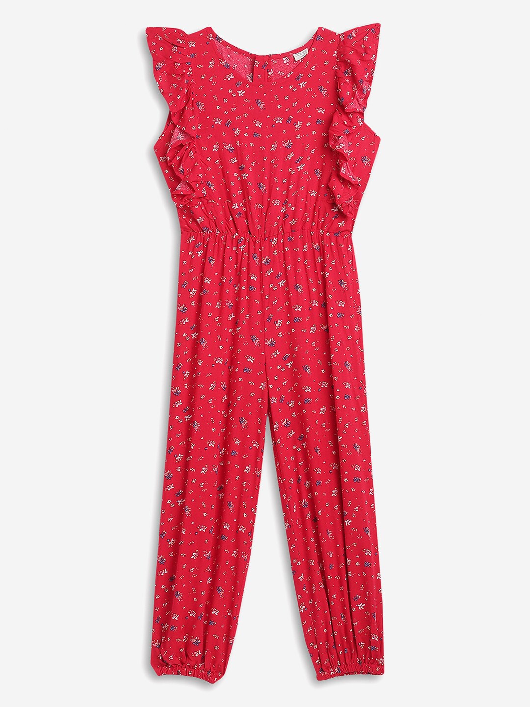 

Stuffie Land Girls Red Printed Basic Jumpsuit with Ruffles