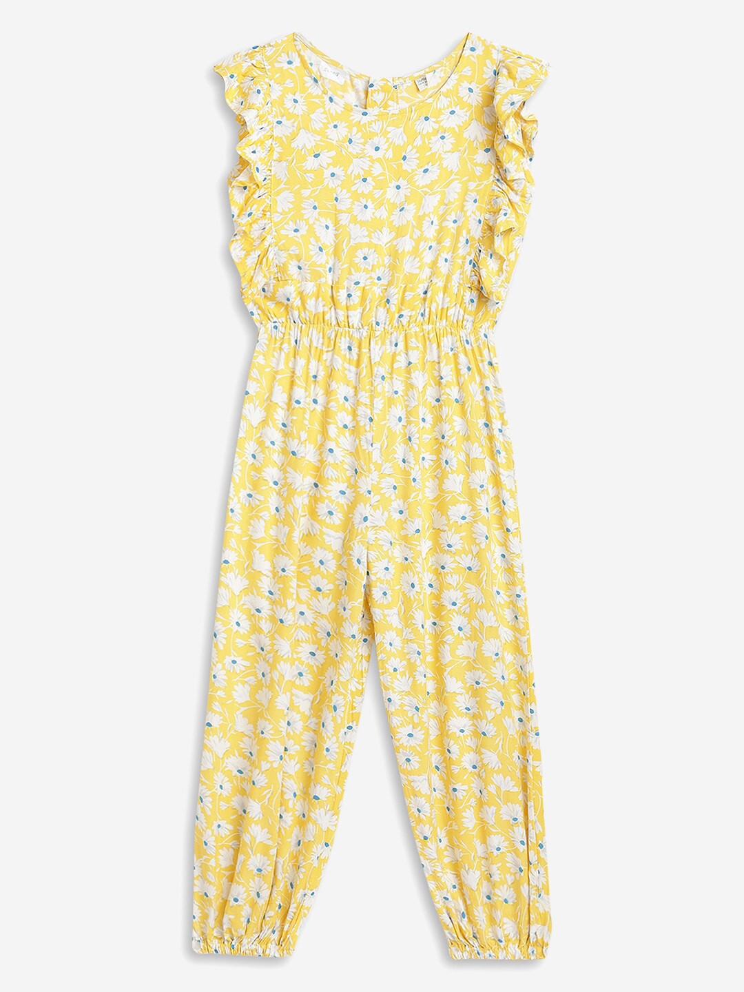 

Stuffie Land Girls Yellow & White Floral Printed Basic Jumpsuit With Gathers