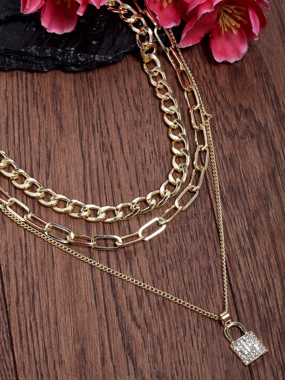

Ferosh Gold-Toned Crystal Lock Layered Chain