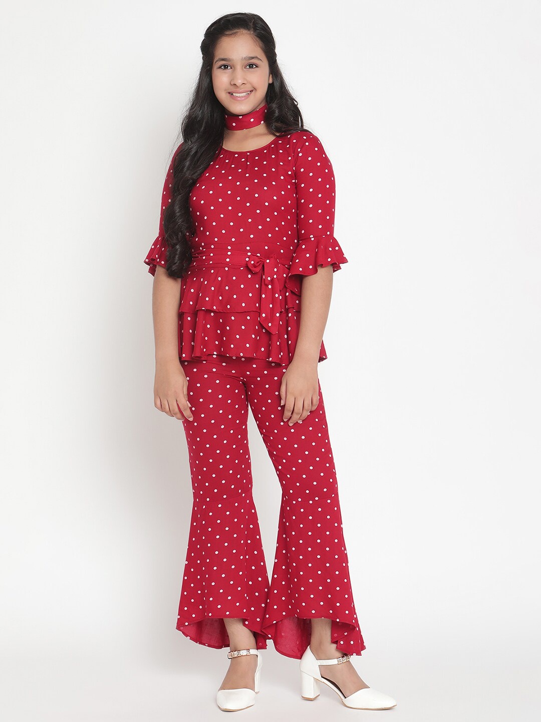 

Stuffie Land Girls Maroon & White Printed Basic Jumpsuit with Ruffles