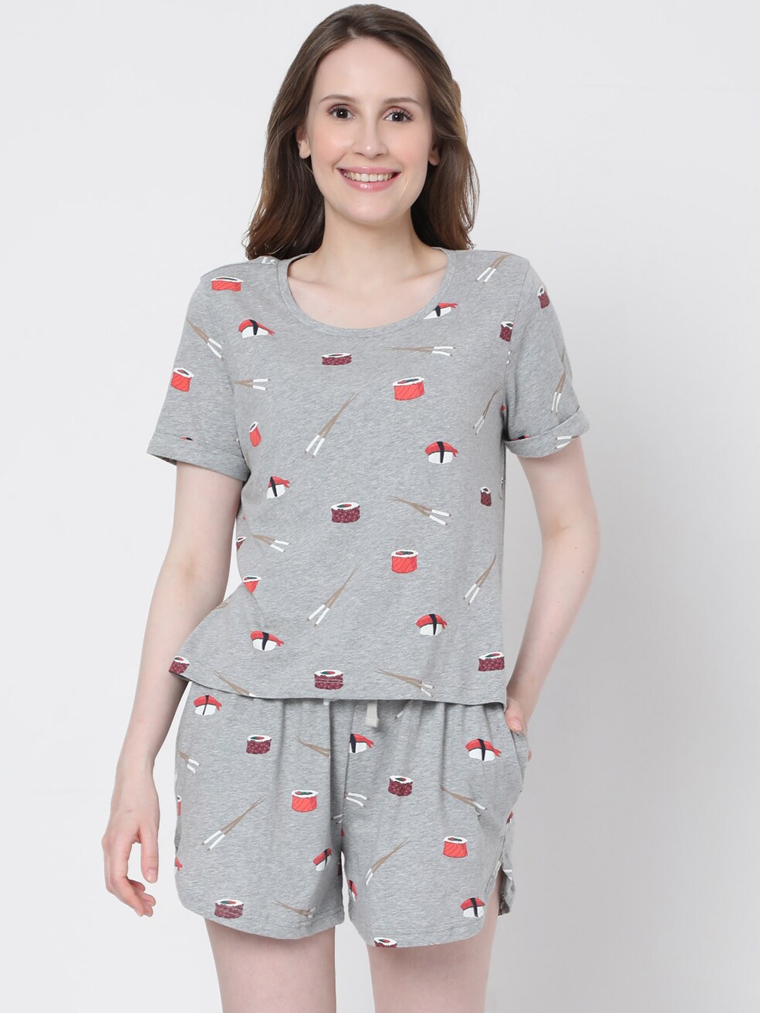 

Vero Moda Women Grey Melange & Orange Printed Pure Cotton Night Suit