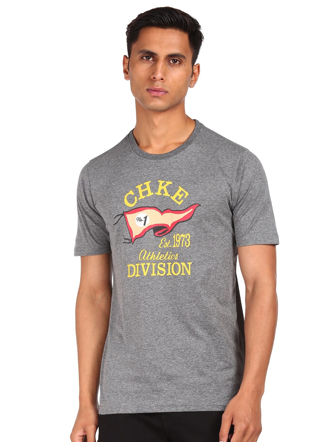 

Cherokee Men Grey Melange Printed Cotton T-shirt