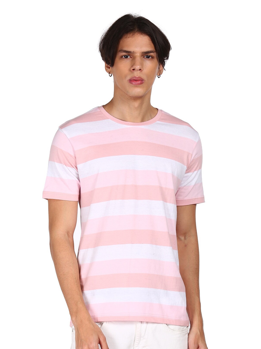 

Cherokee Men Pink & White Striped Cotton T-shirt