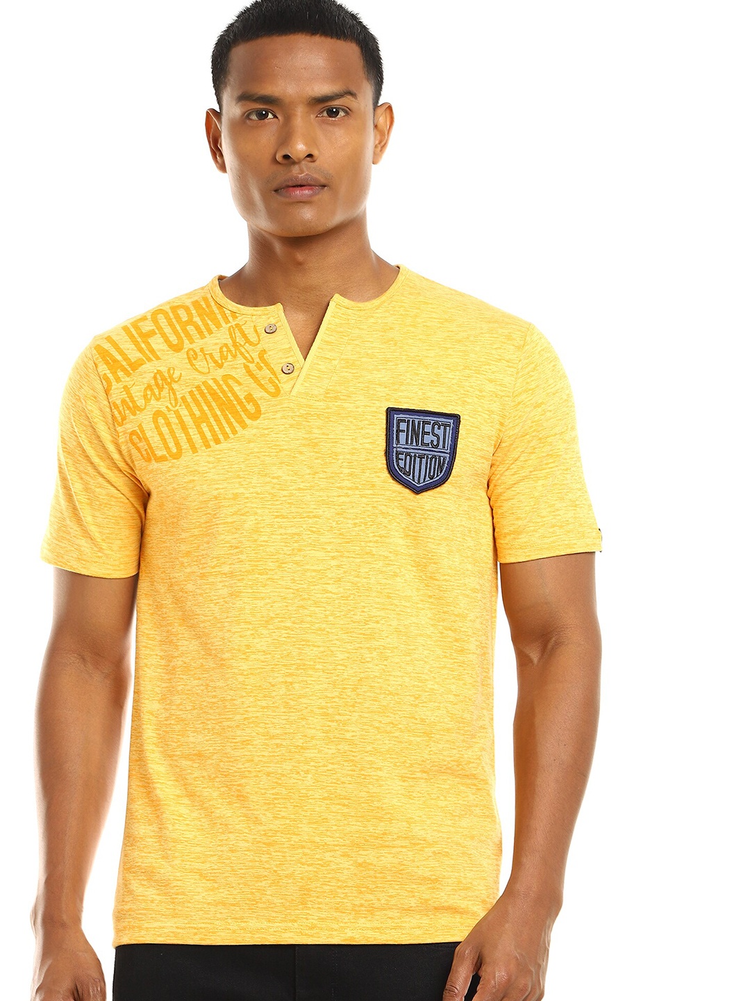 

Cherokee Men Mustard Yellow Printed Henley Neck Cotton T-shirt