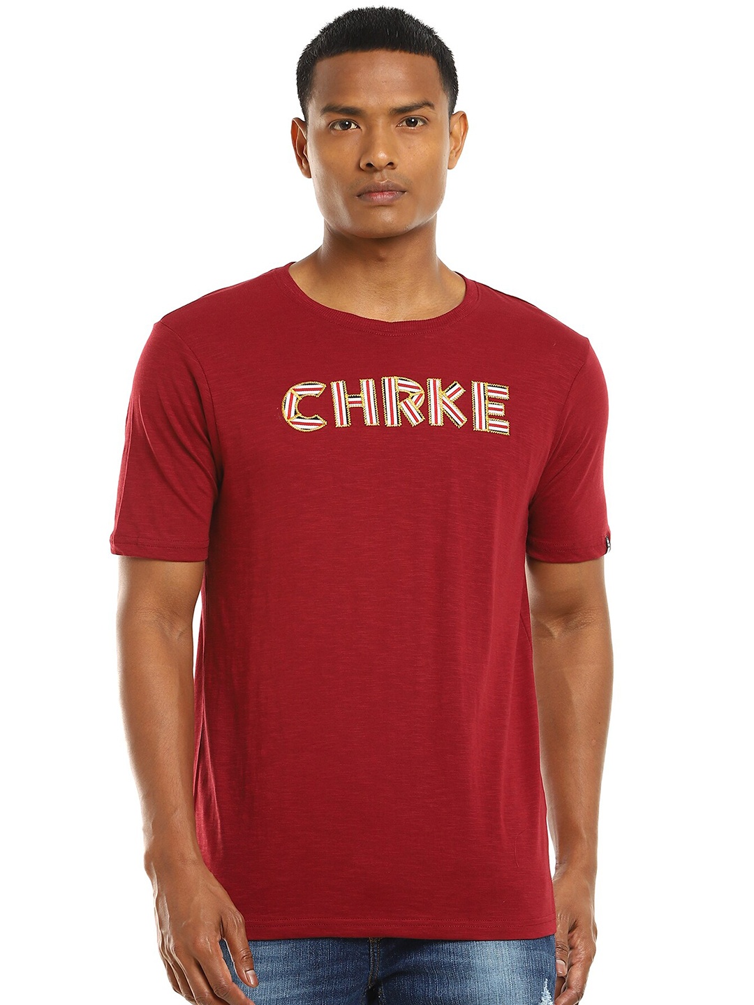 

Cherokee Men Red Self-Design Applique Cotton T-shirt