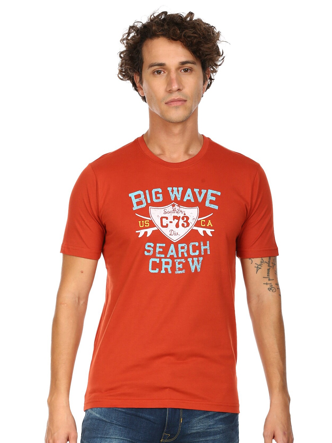 

Cherokee Men Rust & Blue Typography Printed Cotton T-shirt