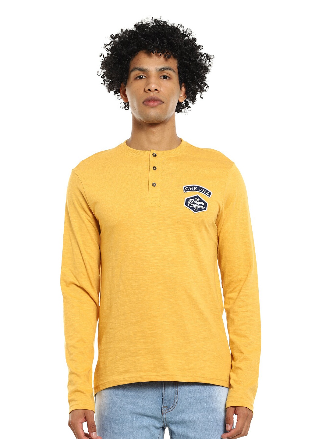 

Cherokee Men Mustard Yellow Henley Neck Cotton T-shirt