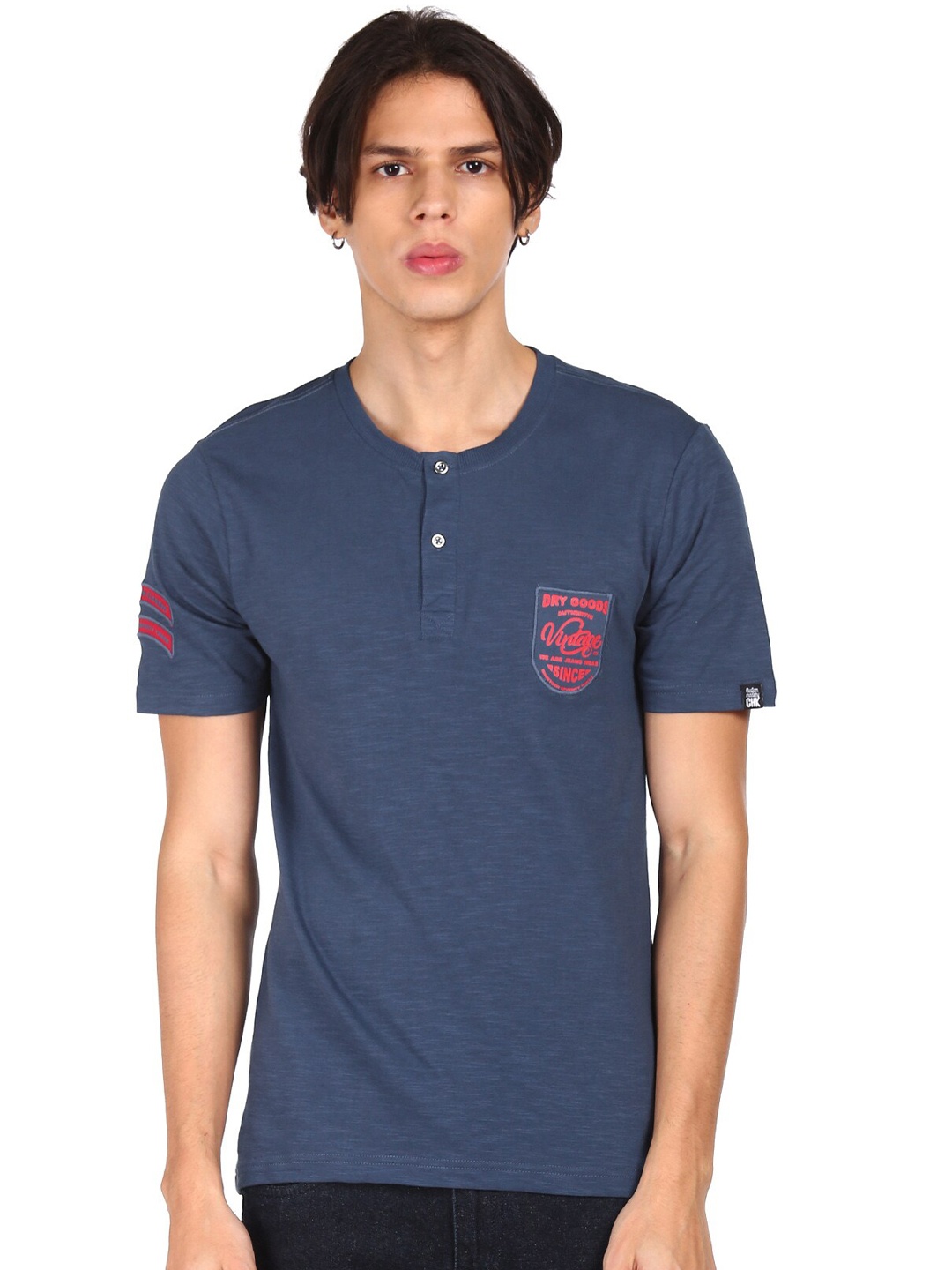 

Cherokee Men Navy Blue Solid Henley Neck Cotton T-shirt