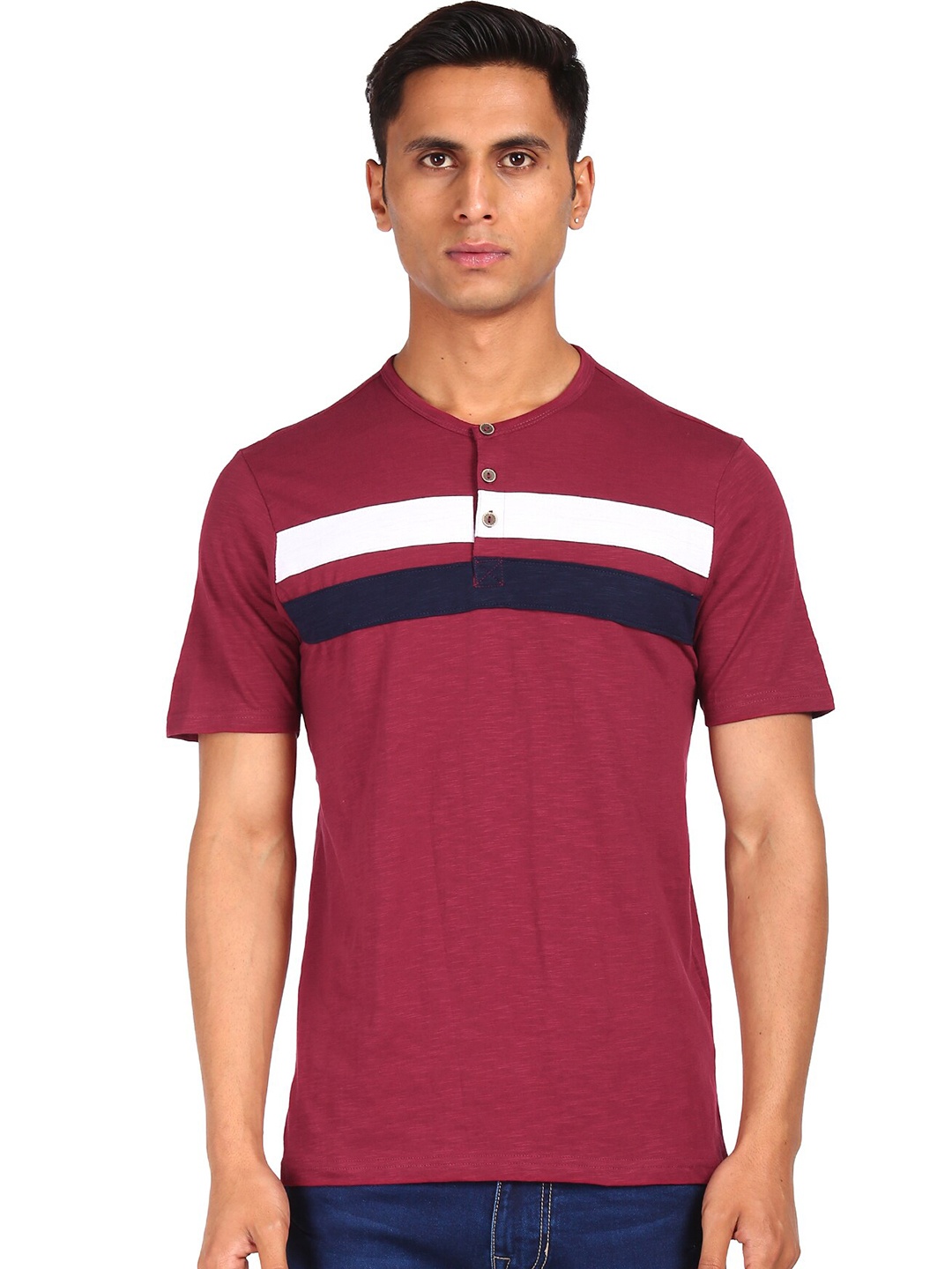 

Cherokee Men Maroon Striped Henley Neck Pockets T-shirt