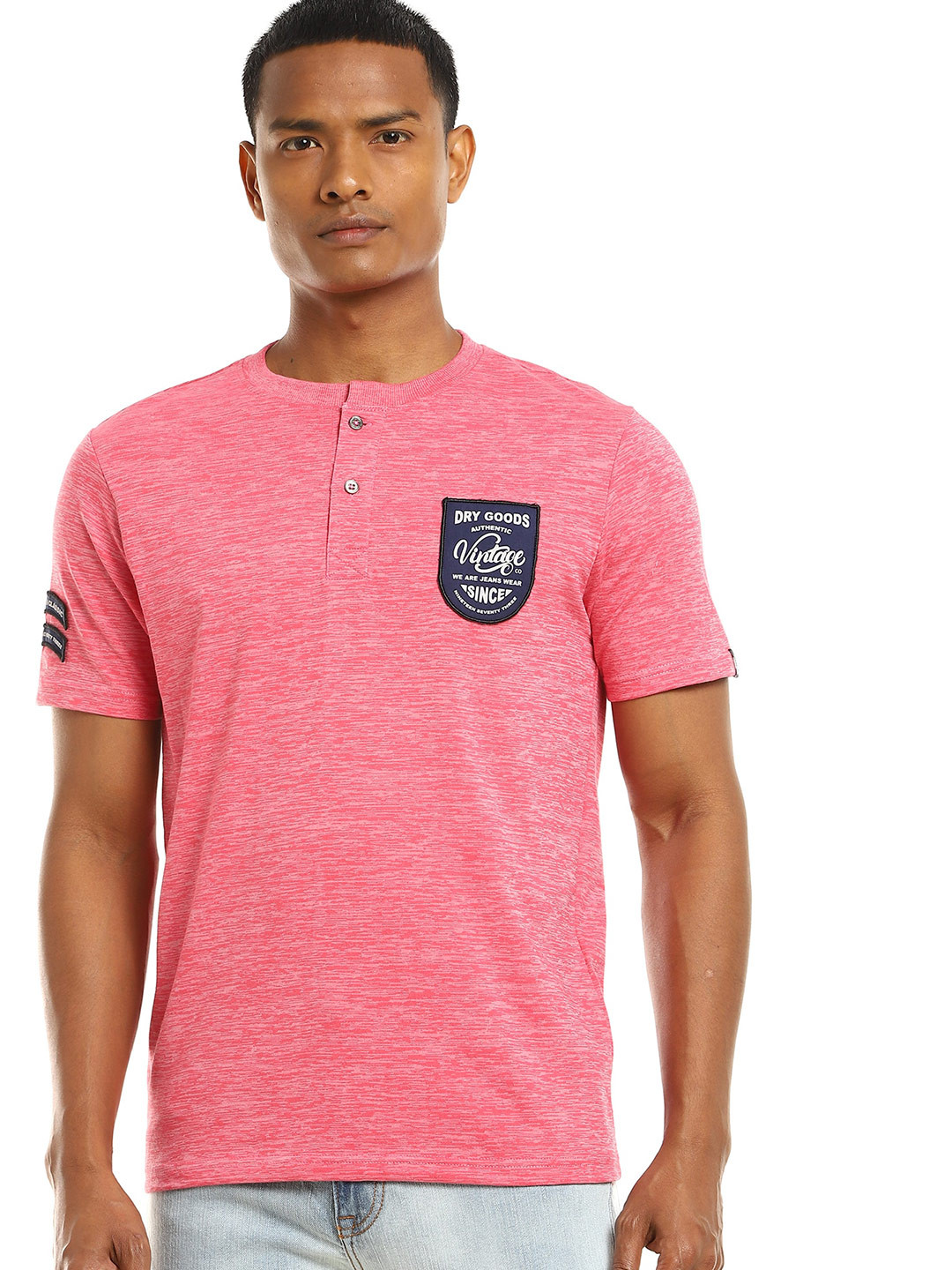 

Cherokee Men Pink Solid Henley Neck Cotton T-shirt