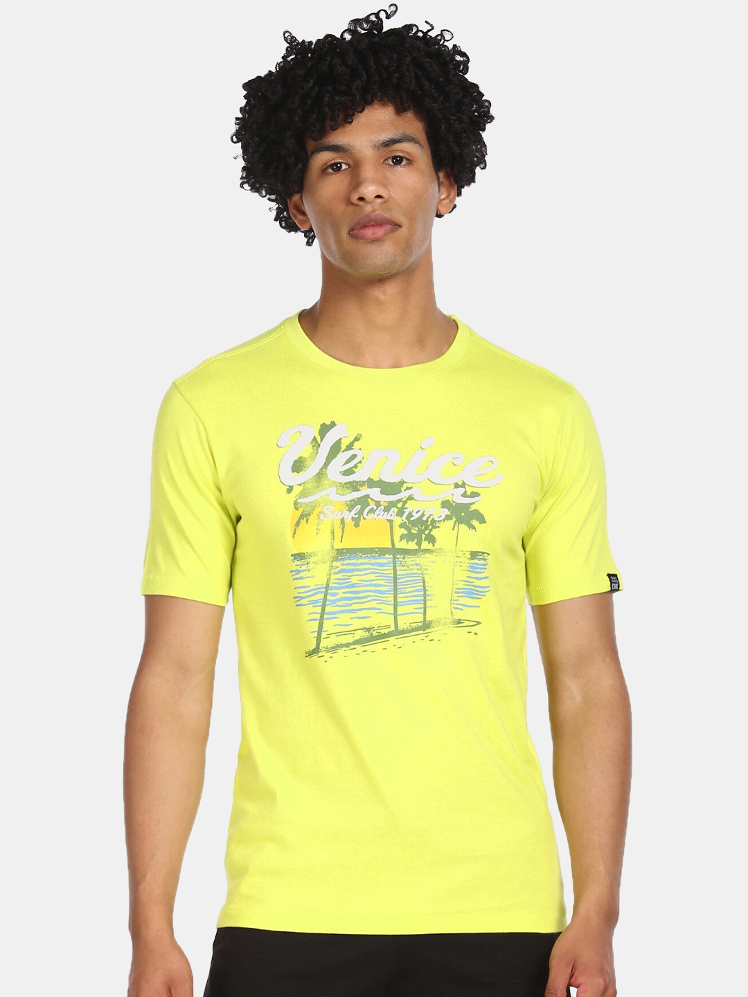

Cherokee Men Yellow Graphic Printed Tropical Cotton T-shirt