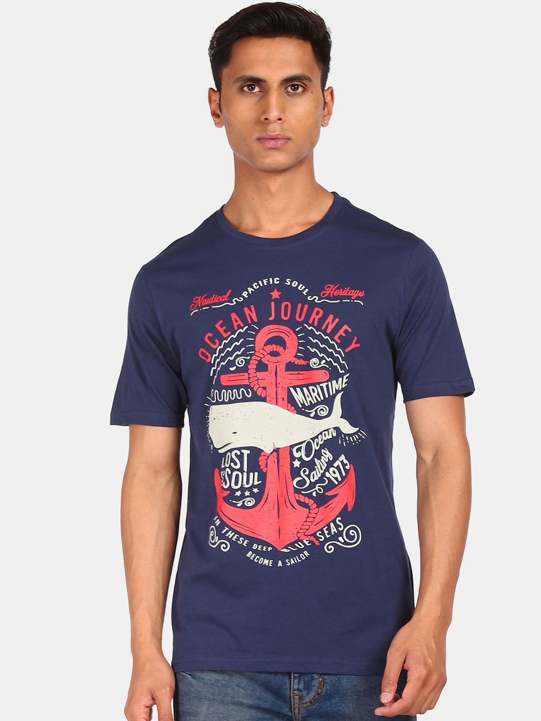 

Cherokee Men Navy Blue Printed Cotton T-shirt