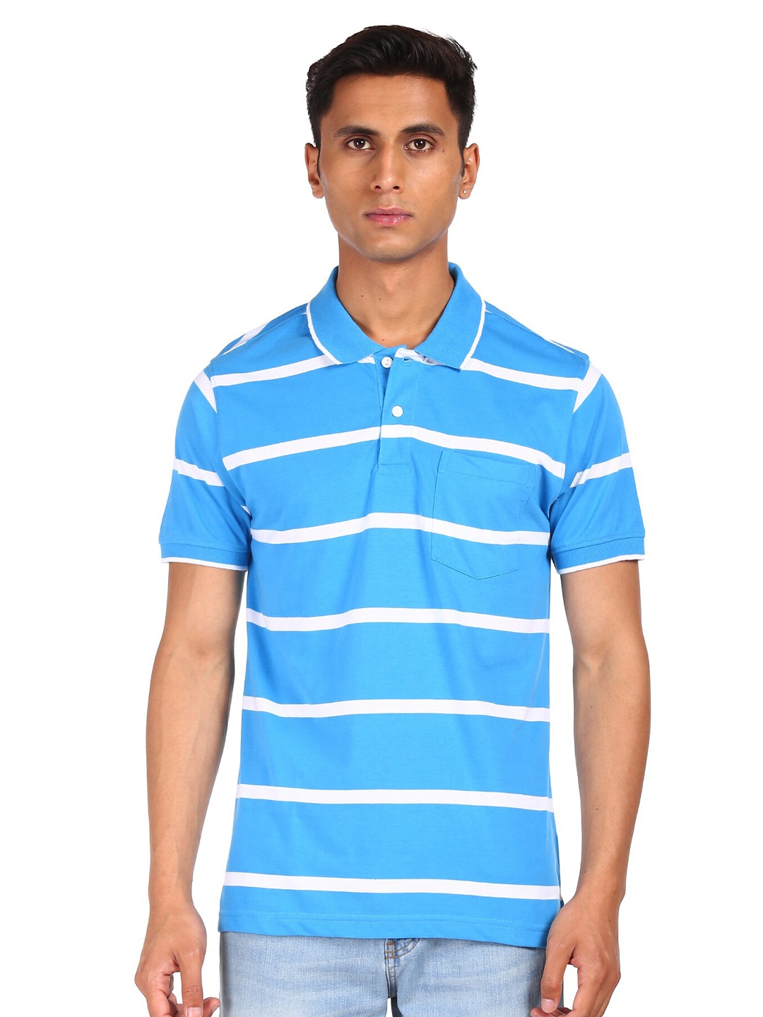 

Ruggers Men Blue Striped Polo Collar T-shirt