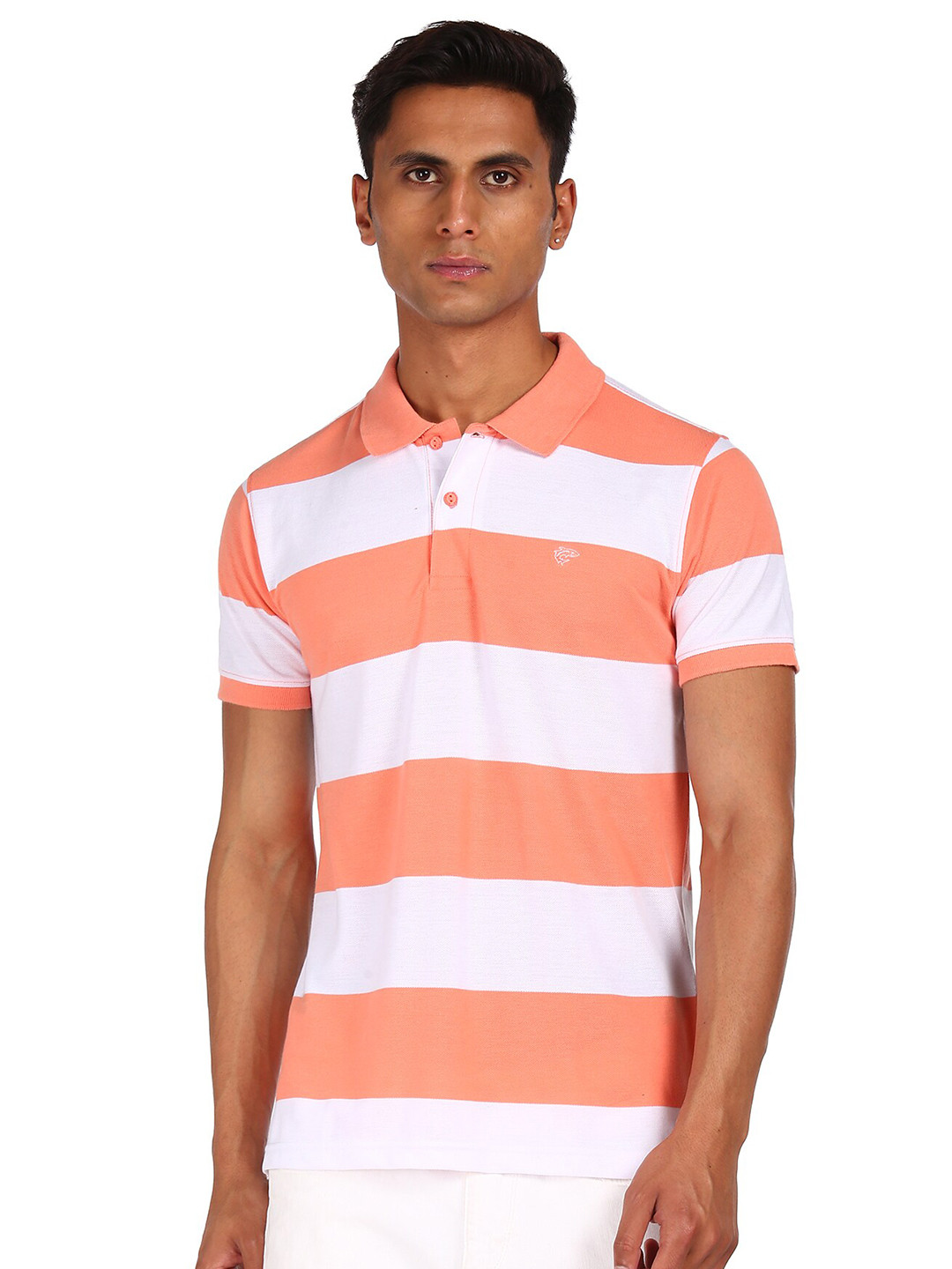 

Ruggers Men Orange Striped Polo Collar T-shirt