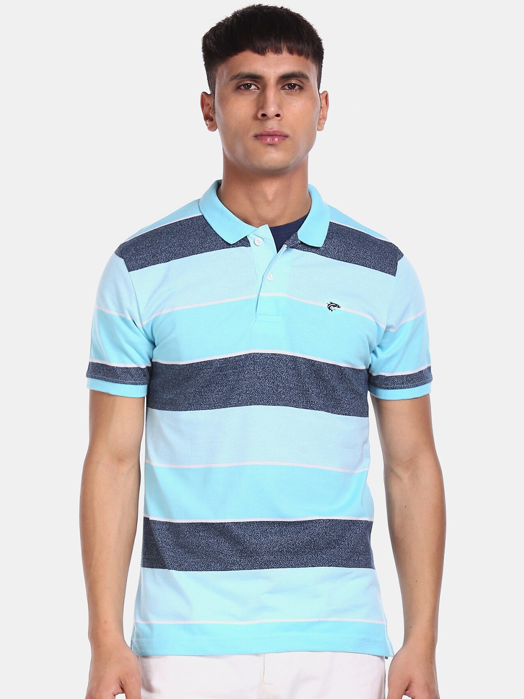 

Ruggers Men Blue Striped Polo Collar T-shirt