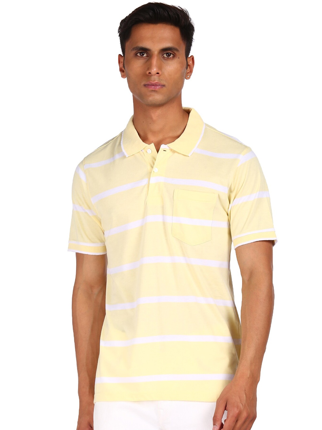 

Ruggers Men Yellow Striped Polo Collar T-shirt