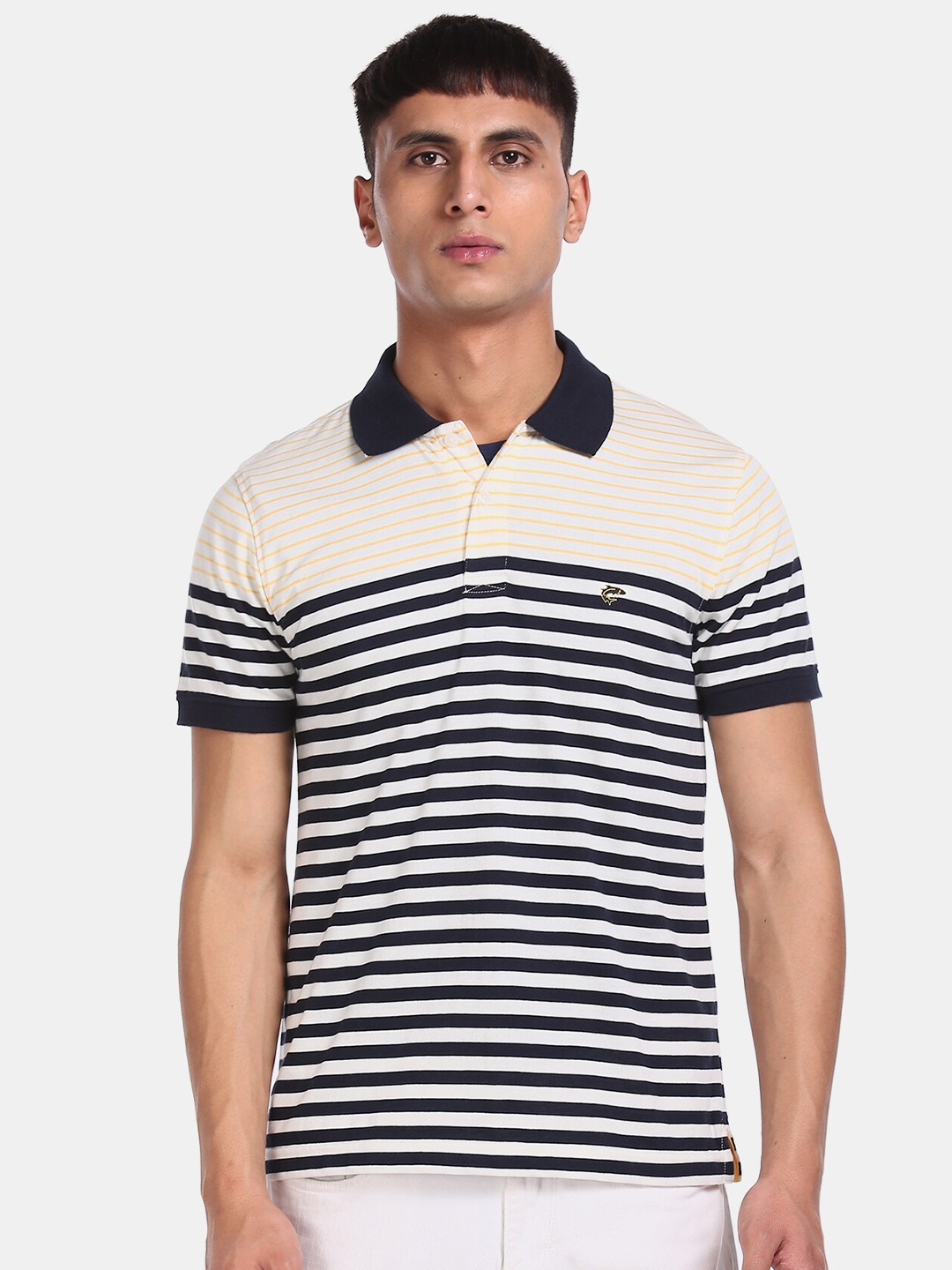 

Ruggers Men Blue Striped Polo Collar T-shirt