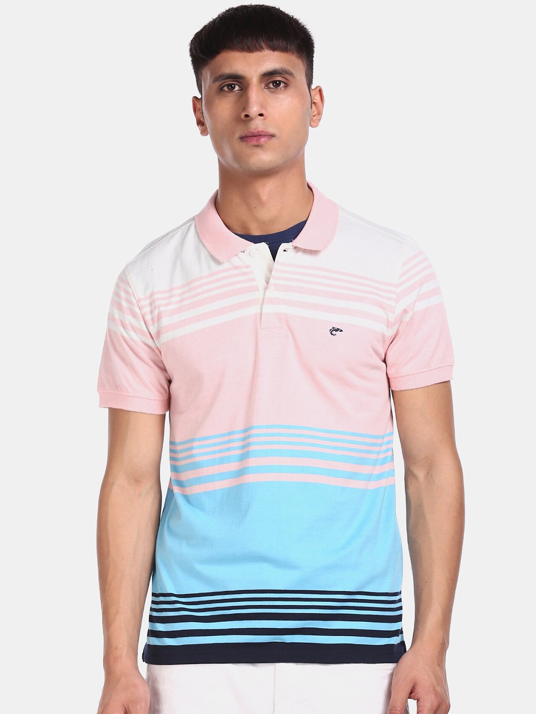 

Ruggers Men Pink Striped Polo Collar T-shirt