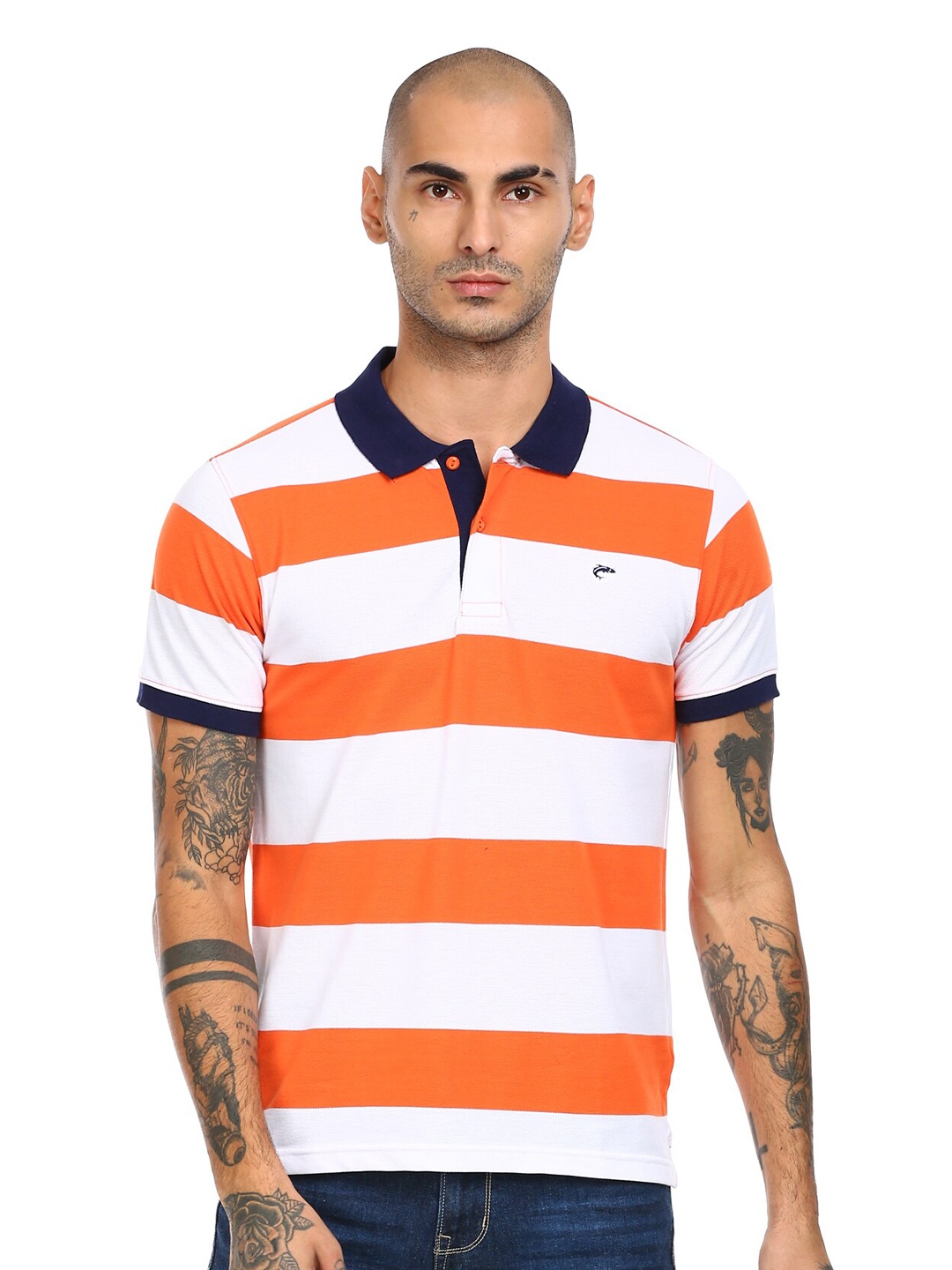 

Ruggers Men Orange Striped Polo Collar T-shirt