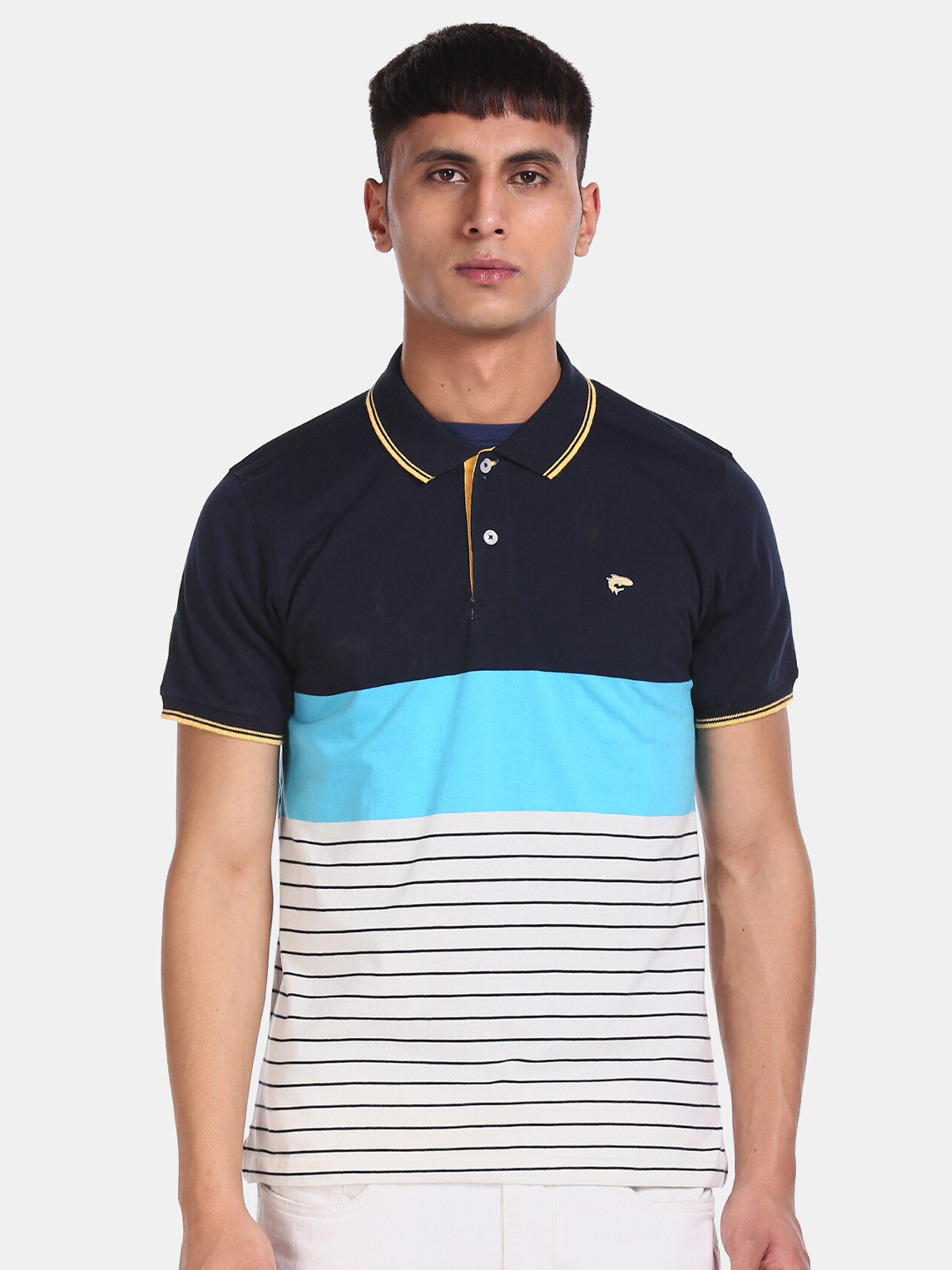 

Ruggers Men Blue Striped Polo Collar T-shirt